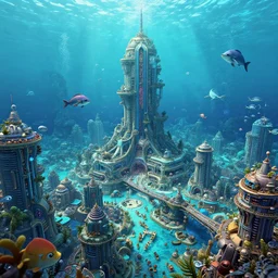 The Underwater City: A bustling city that has been built underneath the waves. It's a bustling metropolis with all sorts of sea creatures swimming around. octane render, 8k