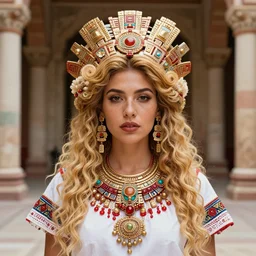 front editorial photo portrait of traditionally dressed aztec female in glorious palace, blonde, curly hair, symmetrical beautiful face, freckles, cyberpunk jewelry, native costume and accessories, standing in the ancient clothing, fashion editorial photography, hyperrealistic, from vogue magazine, reflections, refraction, gold, teal, orange