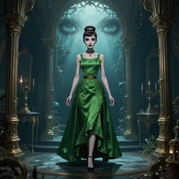 in the style of joshua middleton, artgerm, beautiful audrey hepburn, aquapunk, bioshock, full body green dress, elegant pose, spooky, symmetrical face symmetrical eyes, three point lighting, detailed realistic eyes, insanely detailed and intricate elegant, underwater home