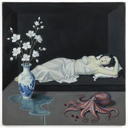 empty room with black walls, sensual portrait of a woman sleeping, japanese vase, white flowers, puddle of water, octopus, squashed berries, neo - expressionism, surrealism, acrylic and spray paint and oilstick on canvas