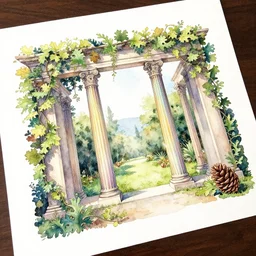 delicate garden on paper floating puffy vines botanical herbarium botanic watercolors iridescent 8 k wide angle realistic artstation italian rainbow colonnade oak pinecone architecture pompeii