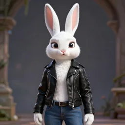 upper body portrait, a white anthropomorphic female rabbit, wearing a black ⬛ leather jacket and denim pants, octane render, unreal engine 5, epic game graphics, fantasy, conceptual art, ray tracing, in the style of zootopia