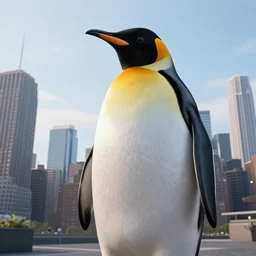 giant penguin looming over the manhattan skyline cinematic 3 5 mm realistic