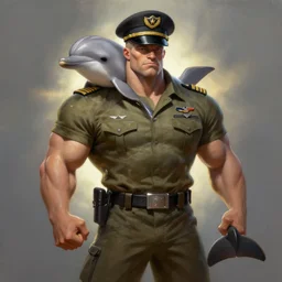artstation oil painting of muscular anthropomorphic dolphin wearing army pilot uniform , backlight studio lighting