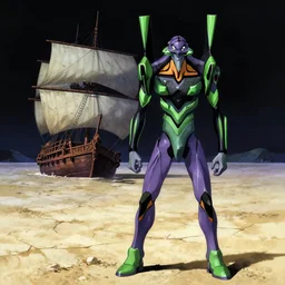 black night, a green pirate stands beside his wrecked full sail fifteenth century carrack at the bottom of a dried - up lake in an ivory desert, evangelion, kyoto animation still, intricately detailed features, digital painting, yoshiyuki sadamoto