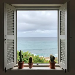 view from inside a house on window with shutters half down and on it's border small cactus in pots and the ocean in background. cloudy day. by artgerm, wlop, loish, ilya kuvshinov, tony sandoval.