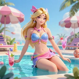 Character sheet of gorgeous pool party seraphine (League of Legends). 3d octane render trending on artstation