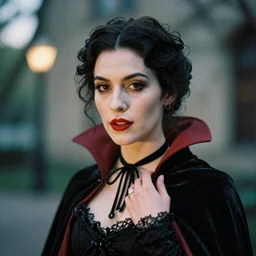 A beautiful portrait of a lady vampire, victorian, '20, photography, 35mm, depth of field, bokeh, soft light, cinematic
