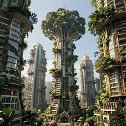 biomorphic vertical city with huge trees and massive buildings, hyperrealistic illustration masterpiece, lee madgwick jason limon, dramatic lighting, long shot, wide angle, uhd 8 k, sharp focus