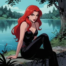 a beautiful comic book illustration of a vampire woman with long red hair sitting near a lake by Jerome Opeña, featured on artstation