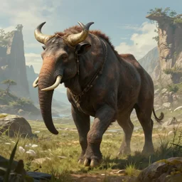 highly detailed portrait photo of a mumakil wandering through a scenic mythpunk environment, hyperrealistic illustration by william didier - pouget