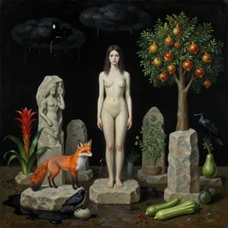 realistic painting of solid black night sky, tall emo girl, stone sculptures, a fox, a pear tree, black clouds dripping black paint, stones, black puddles, pomegranate tree, bromeliads, herbs, raven, courgettes, berries, zen, sensual, surrealist painting by magritte and monet and kahlo
