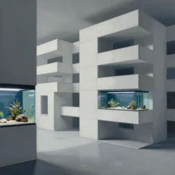 painting of interior shot of a white concerete brutalist studio apartment with aqauriums by darek zabrocki and greg ruthkowski, cinematic and cold atmospheric, archillect concept art, artstation, trending on artstation