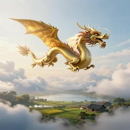 oriental dragon flying in the clouds, lake, cloud, moning, farm, fairy tale ， light effect.