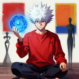 shaman chakra telekinesis red artificer Killua Zoldyck wearing crimson sweatshirt brandishes a blue atomic orb meditation norman ackroyd jim lambie greg rutkowski rothko tombow