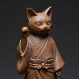 elegant thin anthropomorphic cat figurine wearing a kimono, hand carved brown resin, kimono robe detailed toggles, very highly detailed, petite, exquisite details, intricate, monotone, shy looking away waving one paw head turned slightly, deep focus