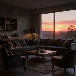 tastefully decorated dim sunset living room with dark luxurious furnishings, and a mix of antique and modern furniture, and a mix of concrete and wood finishes, soft focus cinematic still, dark dreamy golden red sunset
