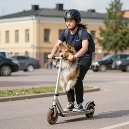 a photo of a sheltie riding a scooter in helsinki