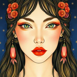 sulfur. beautiful, realistic symmetrical portrait painting by mucha and kuvshinov and bilibin. synthwave watercolor, thick linings, manga