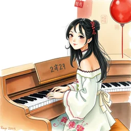 a chinese girl on her birthday with her new piano. watercolor.