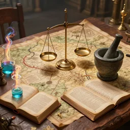 hyper real, table, map, wizards laboratory, tony sart, mortar, pestle, scales, magic book, beakers of colored liquid, energy flowing