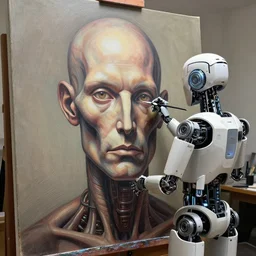 robot artist painting a self - portrait on a canvas. intricate, highly detailed, digital matte painting in the style of h. r. giger. irony, recursion, inspiration.