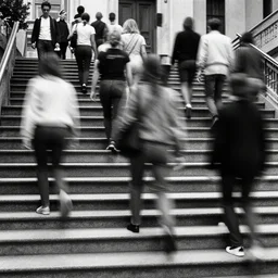 hundred of people walking up stairs by richard avedon. street photography. black and white. ilford delta. long exposure. motion blur. film grain. contrast.