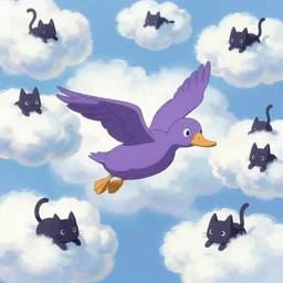 highly detailed illustration a purple duck flying lots of high exposure cat - shaped clouds by makoto shinkai, by oliver vernon, by joseph moncada, by damon soule, by manabu ikeda, by kyle hotz, by dan mumford, by otomo, 4 k resolution