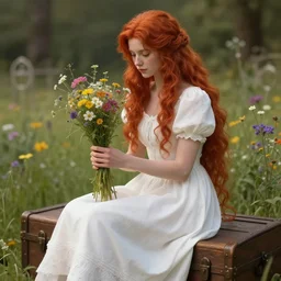 a beautiful red haired girl in white dress sitting on wooden trunk in a garden holding a bunch of wild flowers, deep focus, d & d, fantasy, intricate, elegant, highly detailed, digital painting, artstation, concept art, matte, sharp focus, 3 d, octane render, hearthstone, well rendered, art by artgerm and greg rutkowski and alphonse mucha