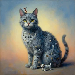 painting of a cat made of tiny dogs, by zdzislaw beksinski, by dariusz zawadzki, by wayne barlowe, gothic, surrealism, cosmic horror, lovecraftian, cold hue's, warm tone gradient background, concept art, beautiful composition