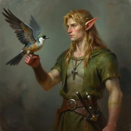 painting of a elf man with a bird on his arm, concept art by jon foster, featured on cgsociety, altermodern, concept art, speedpainting, official art