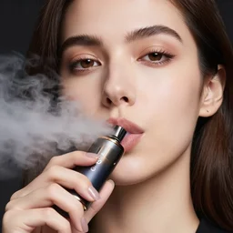 award - winning face close - up photo of the beautiful girl holding a vape in the mouth and vaping towards the camera. sigma 8 5 / 1, 4 dg, ultra - hd, hcl, one point lighting, volumetric lighting, studio lightning