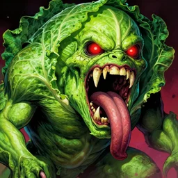 horrific realistic cabbage monster with fangs and a forked tongue, by jack kirby very big, vibrant colors, red glowing eyes, concept art, detailed