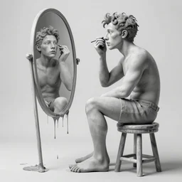 portrait of a little big foot on a stool looking into a mirror doing makeup by james jean and luc tuymans and beeple and hernan bas and pat steir and hilma af klint, psychological, 3 d, dripping paint, monochrome, high quality render, masterpiece