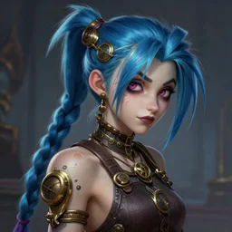 a League of Legends FAN ART Portrait of crazy JINX , blue hair, long pigtail, steampunk,neuroticism,intricate, elegant, highly detailed, digital painting, concept art, smooth, sharp focus, illustration, by Laurie Greasley,Lawrence Alma-Tadema,Dan Mumford,artstation,deviantart,Unreal Engine,face enhance,8K,golden ratio,cinematic lighting