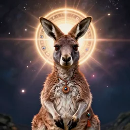 portrait of a pagan psychic kangaroo god with four eyes and halo and spiritual emanations, cinematic, octane render, hyper detailed, lens flare, 4 k