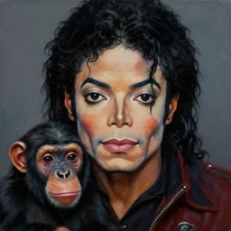 oil painting, portrait of michael jackson with his pet chimp bubbles, intricate, sharp, octane render, detailed, beautiful, brown skin, unreal engine, symmetrical, artstation, art by karol bak, art by artgerm, rossdraws, cinematic, concept art, filmic, vsco