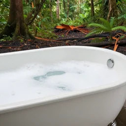 pristine porcelain bath filled with bubbles in a clearfelled jungle, slash and burn, deforestation
