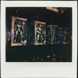 a dark gift shop with bungie halo toy boxes hung up on a shelf. 3 5 mm f / 2. 8 macro lens. creepy dark polaroid. - w 6 4 0