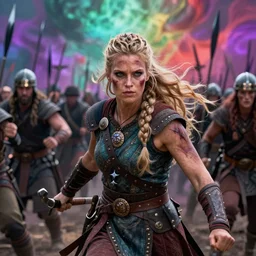 Ultrawide realistic photo of a majestic fierce viking woman, leading a battle, mind-blowing details, ethereal, ominous, scarred, highly detailed, viking attire, cinematic, 16k, 1080s,  smooth, sharp focus, by Stanley Artgermm, Tom Bagshaw, Greg Rutkowski, Vincent di Fate, Carne Griffiths, Ayami Kojima, trending on DeviantArt, hyper detailed, full of color, digital art, Vibrant colors, Smooth gradients, High contrast, depth of field, shot on Canon Camera