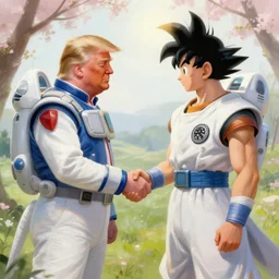 donald trump and san goku facing each other off dressed in spaceship pilot dresses shaking hands, portrait, illustration, rim light, top light, perfectly shaded, spring time, slight overcast lighting, soft painting, art by krenz cushart and wenjun lin