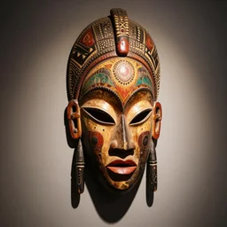 a colorful wooden African mask wall decoration, handmade, tactile, detailed, orientalist, indoor dim light, spotlight, 4K photo