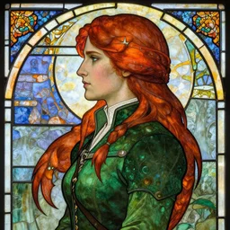 beautiful and detailed portrait of triss merigold from the witcher 3, profile view, side view, green jacket with a white collar, red hair, stained glass art, by alphone mucha, very masterful