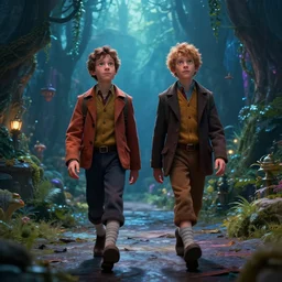 Calvin and Hobbes walking in a magical fantasy world, dramatic lighting, cinematic, establishing shot, extremely high detail, photo realistic, cinematic lighting, post processed, concept art, artstation, matte painting, style by eddie mendoza, raphael lacoste, alex ross