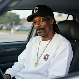 Snoop Dogg is sitting in a police car wearing a cap C-11