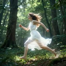 a award winning photo of a woman spirit running in a forest, volumetric light effect