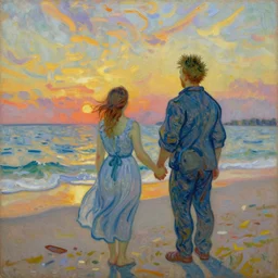 Patrick and Konstancja standing on the beach holding hands and watching the sunset, oil painting by Vincent van Gogh,