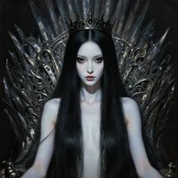 a beautiful black haired woman with pale skin and a crown on her head sitted on an intricate metal throne, intimidating woman, large black eyes, high forehead, smooth pale skin, ethereal skin, ominous, eldritch. oil painting by nuri iyem, james gurney, james jean, greg rutkowski, highly detailed, soft lighting, chiaroscuro