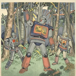 giant robots singing karaoke creating a dissonant cacophony in the japanese wilderness, japanese woodblock print, detailed, ornate, japanese folk art, mucha