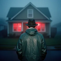 analog photograph of a man from the back wearing a raincoat and a hat in front of a house!!, fog at night by mark owen. red lights. bokeh. cinematic. hq. detailed. contrast. cinestill 8 0 0 t